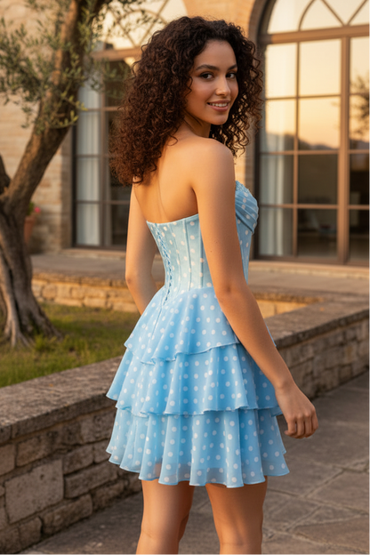 Polka Dot Corset Mini Dress with Tiered Ruffle Skirt