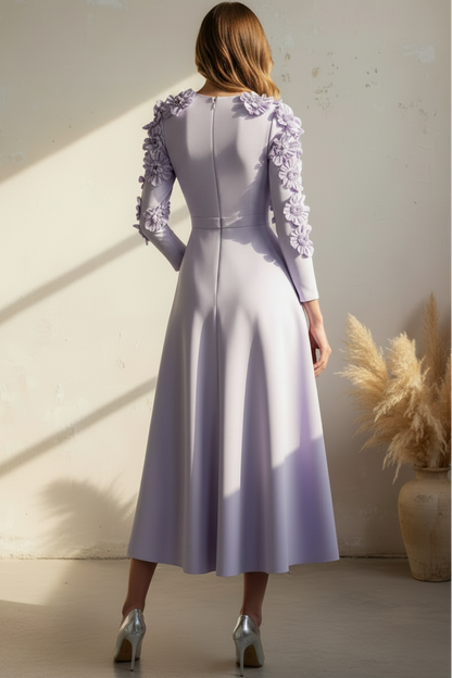 3D Floral Applique A-Line Midi Dress with Pockets