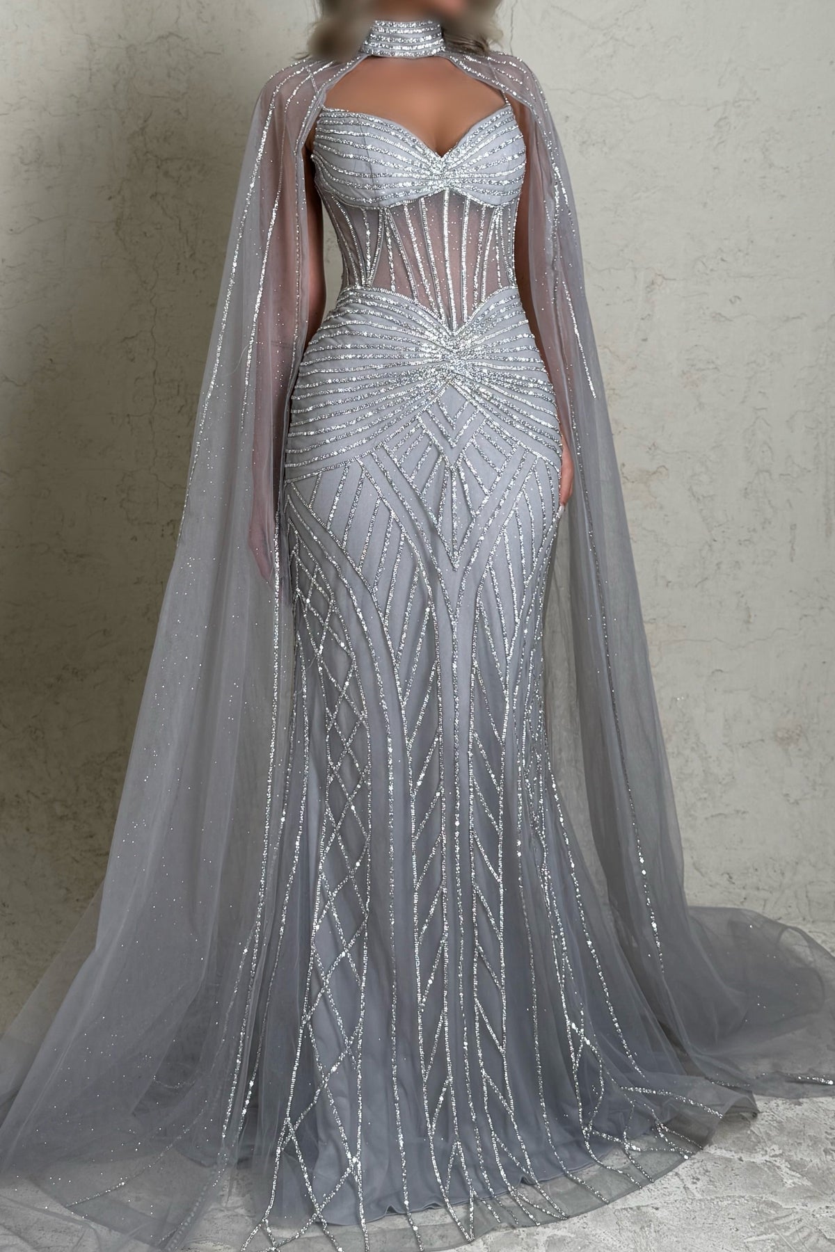 Corset Mermaid Evening Dress with Beaded Cape
