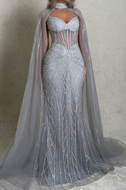 Corset Mermaid Evening Dress with Beaded Cape