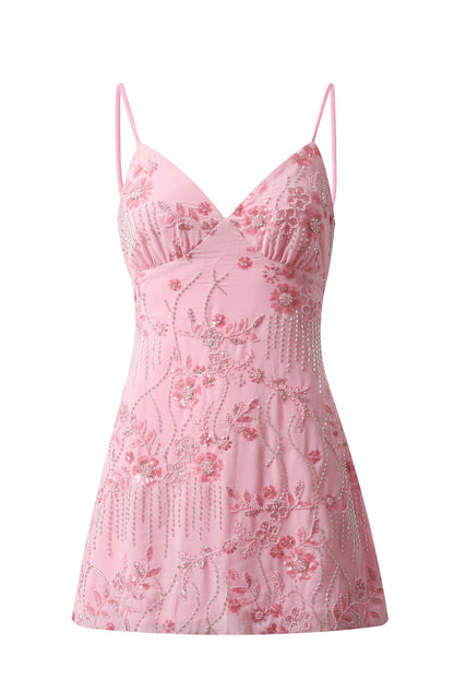Beaded Floral Slip Dress with Open Tie Back