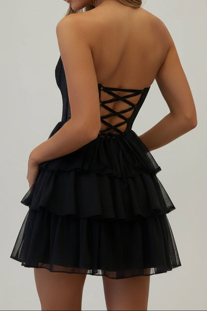 Strapless Pearl Corset Tiered Ruffle Mini Dress