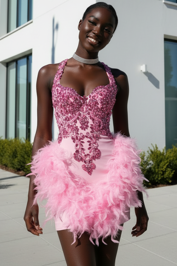 Beaded Halter Mini Dress with Feathers