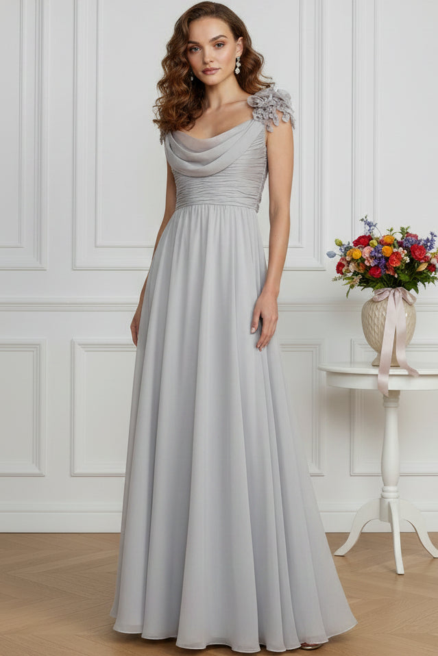 Cowl Neck Chiffon Empire Gown with 3D Floral Shoulders