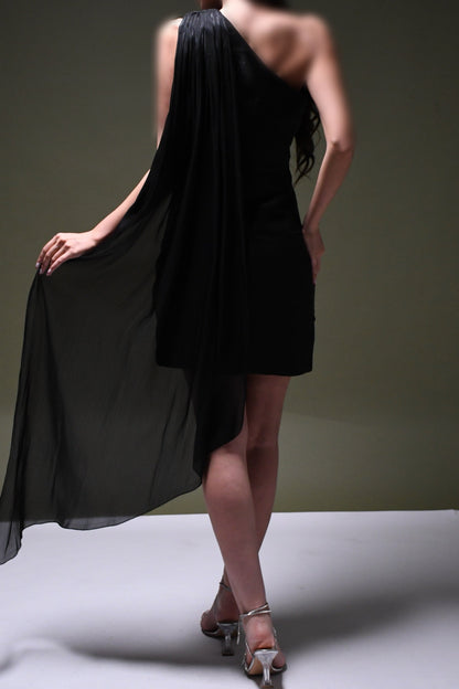 One-Shoulder Mini Dress with Flowing Cape Drape