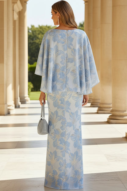 Floral Jacquard Cape Sleeve Evening Gown