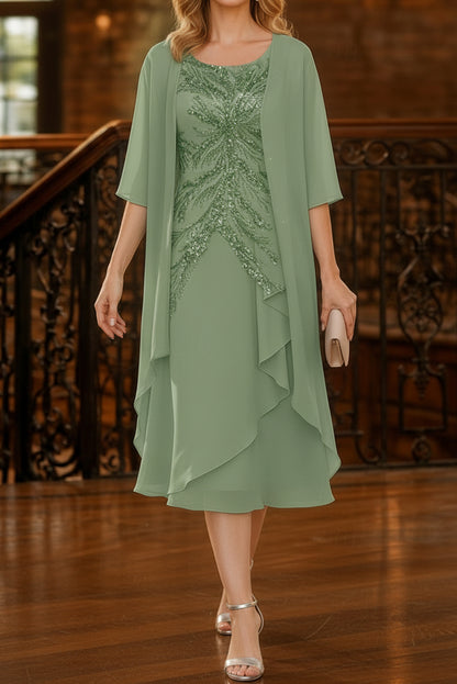 Sequin Embroidered Midi Dress with Sheer Jacket