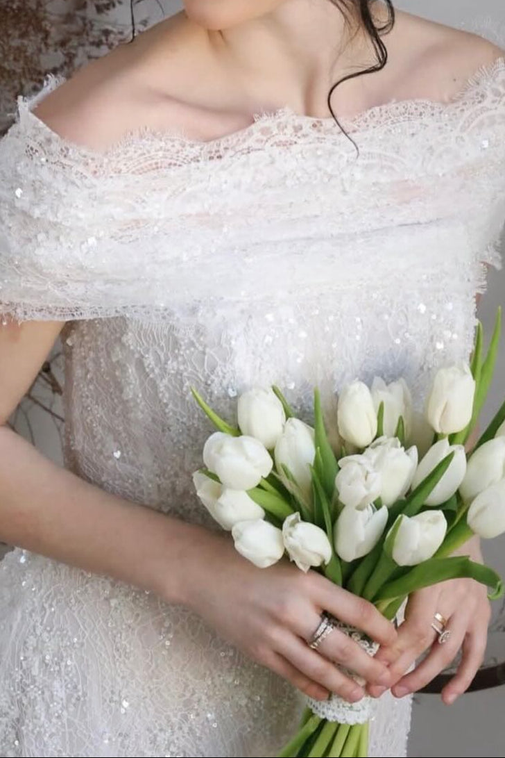 Off-the-Shoulder Sequined Lace A-Line Wedding Dress
