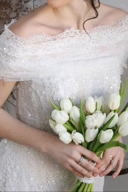 Off-the-Shoulder Sequined Lace A-Line Wedding Dress