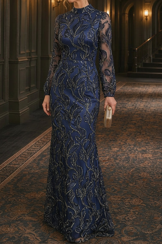 Embroidered High-Neck Long Sleeve Mermaid Gown