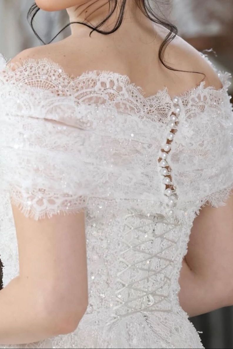 Off-the-Shoulder Sequined Lace A-Line Wedding Dress