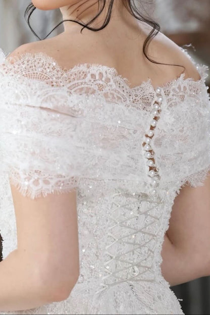 Off-the-Shoulder Sequined Lace A-Line Wedding Dress