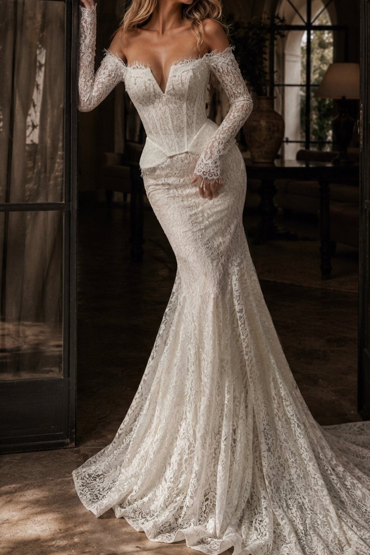 Off-Shoulder Lace Corset Wedding Dress