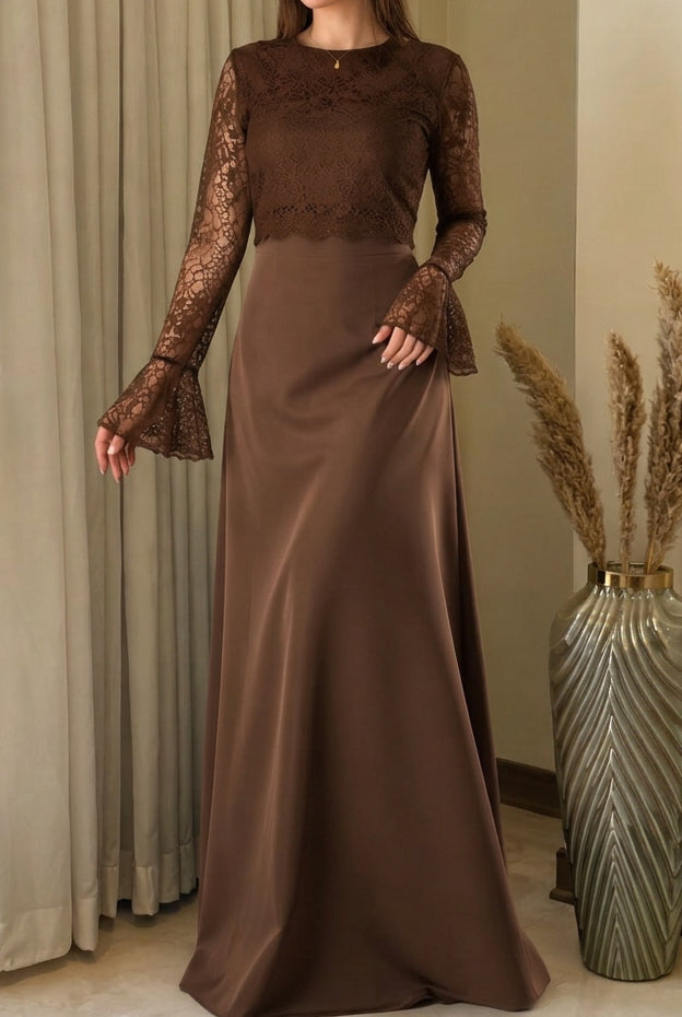Lace Bodice Maxi Evening Dress with Bell Sleeves