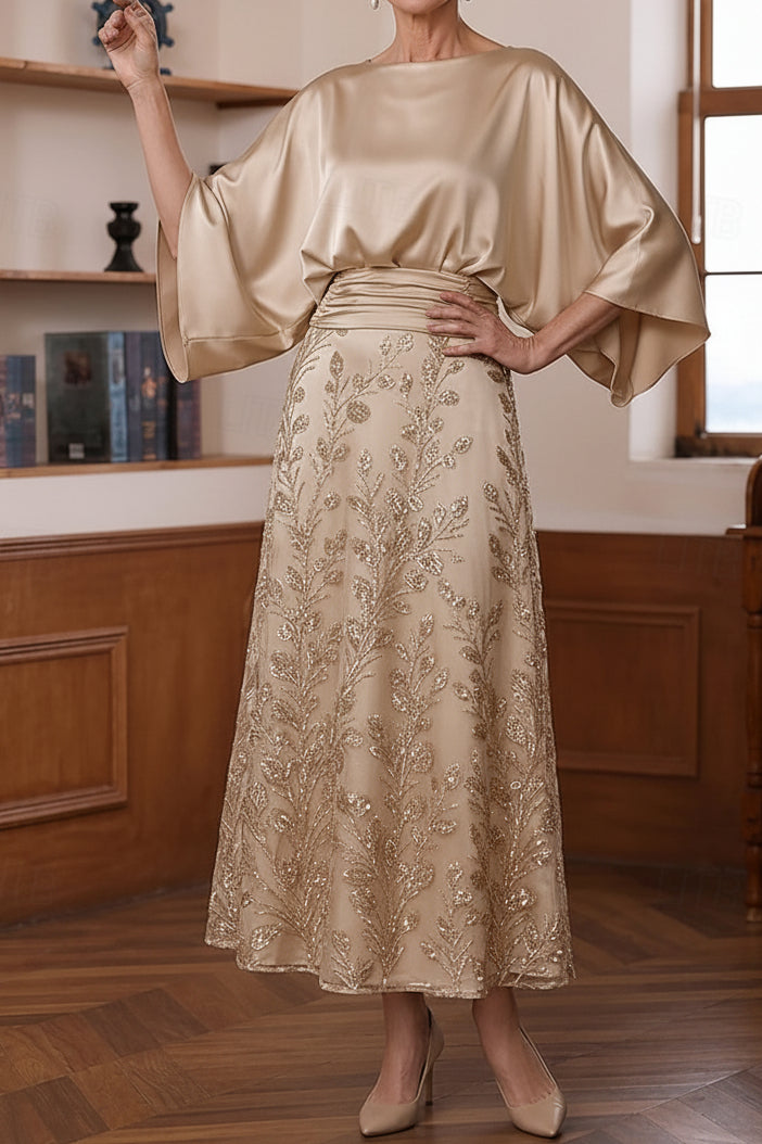 Batwing Sleeve A-Line Dress with Sequin Skirt