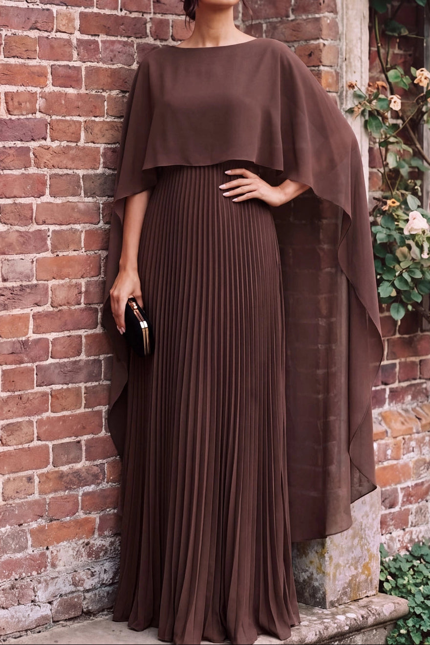 Pleated Maxi Dress with Cape Overlay
