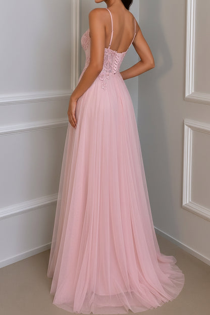 Lace Applique Corset Bodice Tulle Gown with High Slit