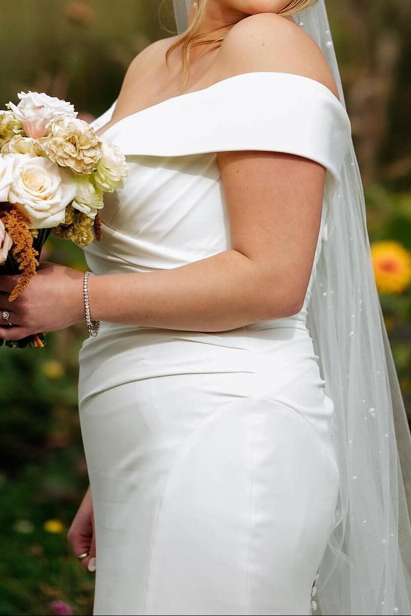 Off-the-Shoulder Fit and Flare Crepe Wedding Dress