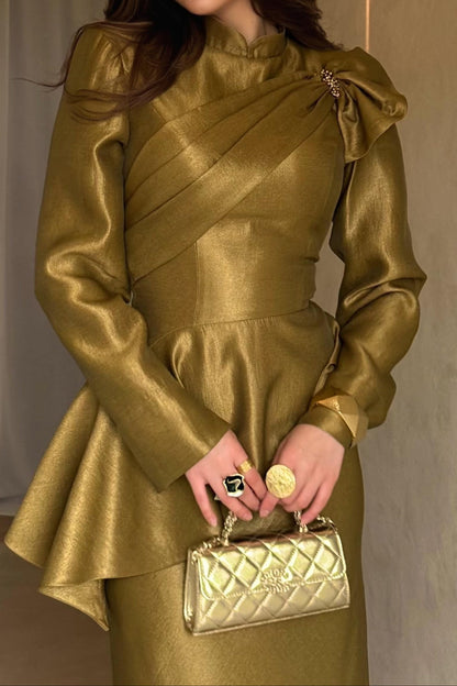 Asymmetrical High Neck Metallic Evening Gown