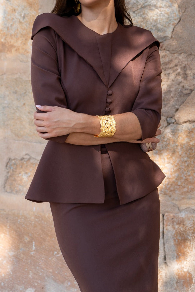 Peplum Midi Dress with Foldover Collar