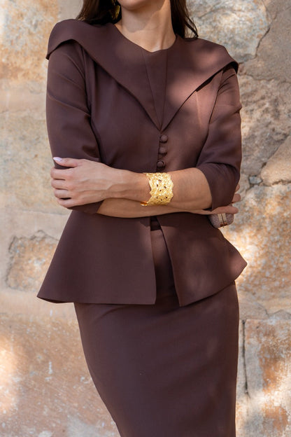 Peplum Midi Dress with Foldover Collar