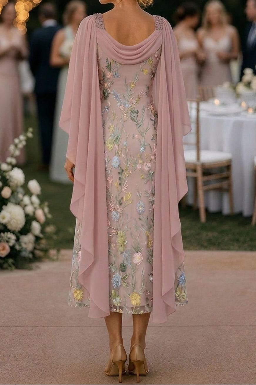 Embroidered Floral Midi Dress with Chiffon Cape