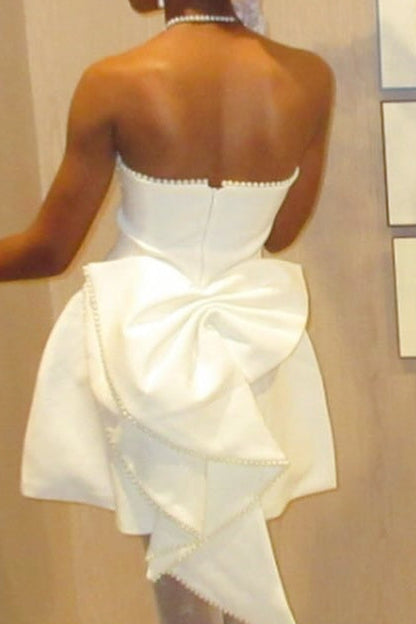 Strapless Pearl Trim Mini Dress with Statement Bow