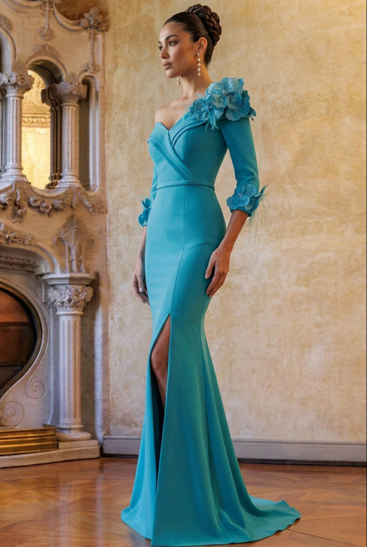 Floral Applique Mermaid Gown with Slit