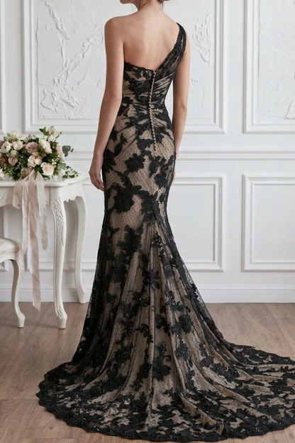 One-Shoulder Ruched Floral Lace Mermaid Evening Gown