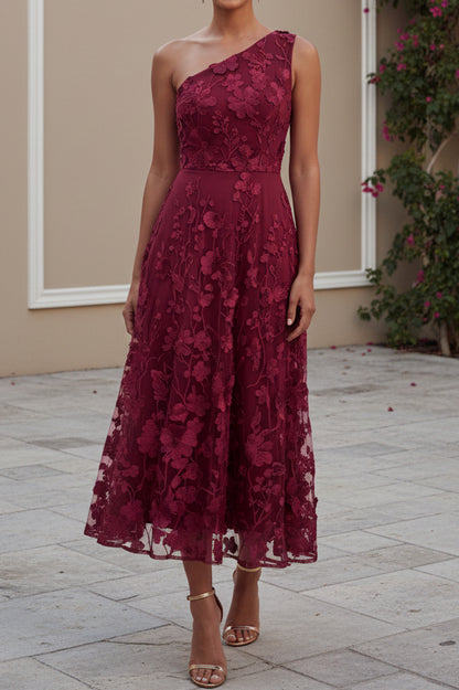 One-Shoulder 3D Floral Applique Midi Dress