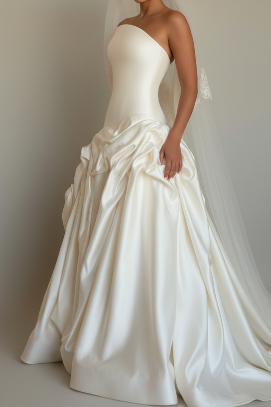 Strapless Ruched Drop Waist Wedding Dress