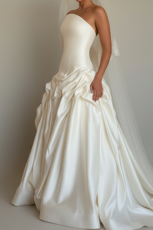 Strapless Ruched Drop Waist Wedding Dress
