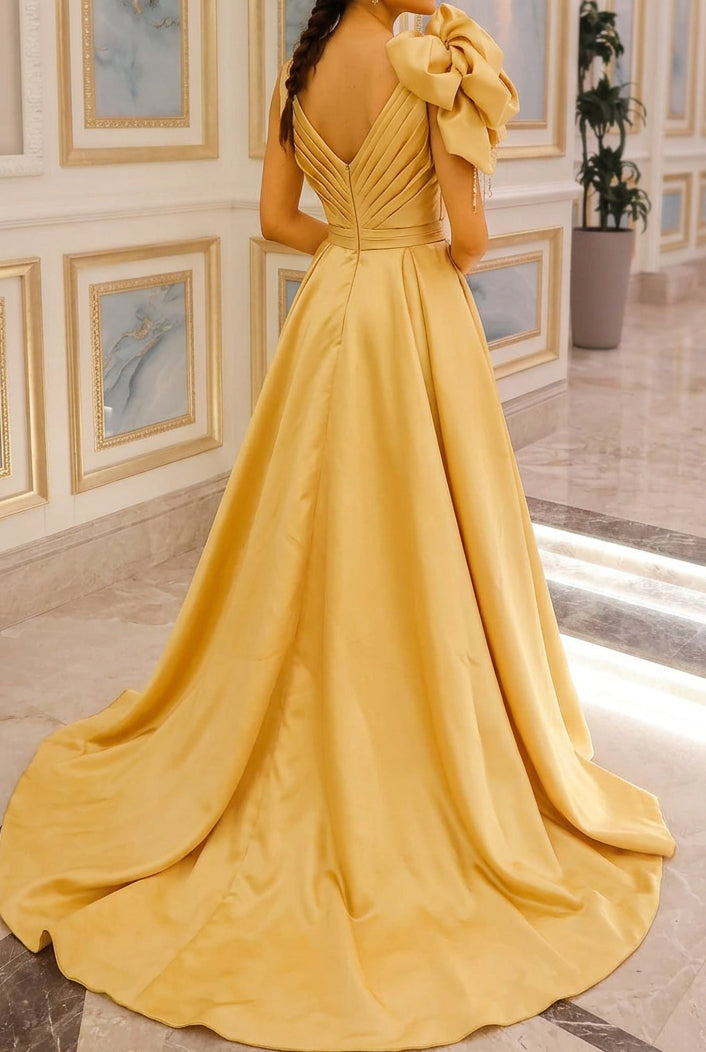 One-Shoulder Floral Appliqué Satin Gown