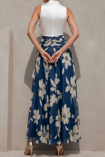 Floral Print High Neck Sleeveless A-Line Maxi Dress