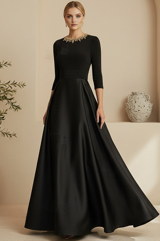 Beaded Bateau 3/4 Sleeve A-Line Gown