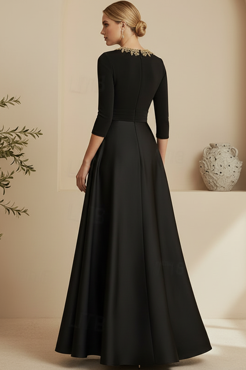 Beaded Bateau 3/4 Sleeve A-Line Gown