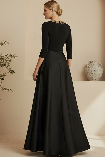 Beaded Bateau 3/4 Sleeve A-Line Gown