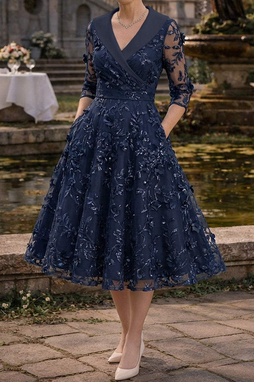 Elegant A-Line Tea-Length Dress with Pockets