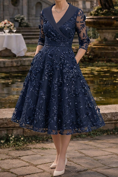 Elegant A-Line Tea-Length Dress with Pockets