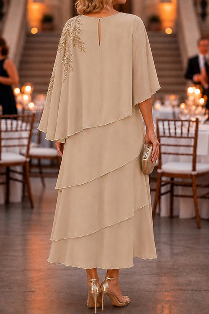 Tiered Midi Dress with Embellished Capelet