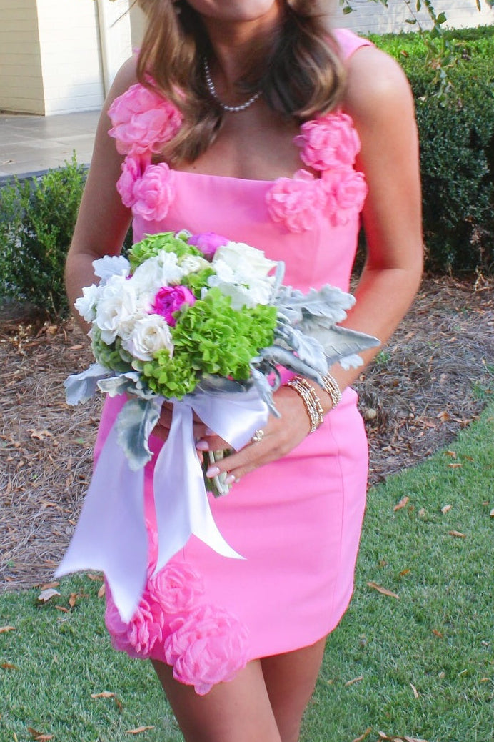 Square Neck Sheath Dress with 3D Floral Appliques