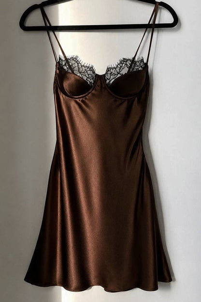 Lace Trim Satin Slip Mini Dress