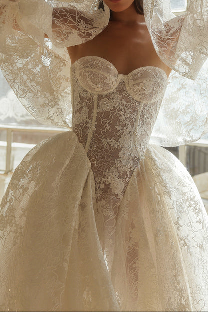 Strapless Sweetheart Lace Corset Ball Gown Wedding Dress