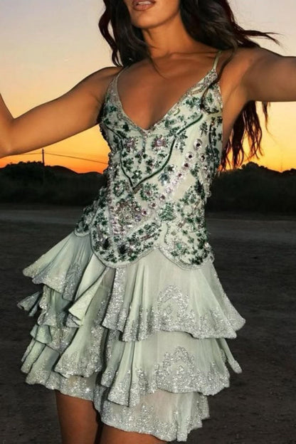 Beaded Tiered Ruffle Mini Dress with Spaghetti Straps