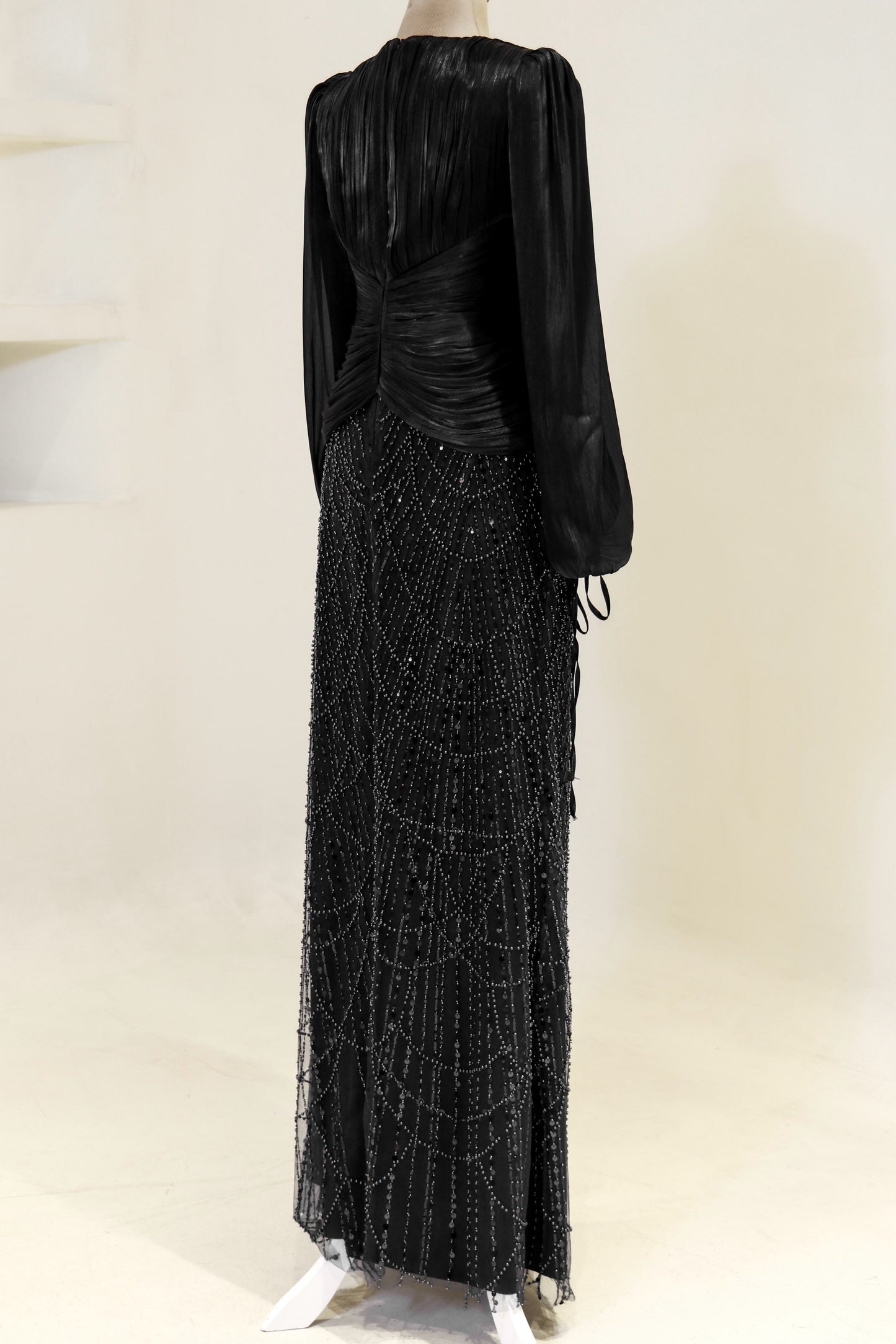 Long Sleeve Sequin Beaded Gown with Pleated Satin Bodice