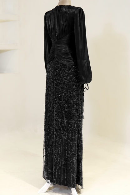 Long Sleeve Sequin Beaded Gown with Pleated Satin Bodice