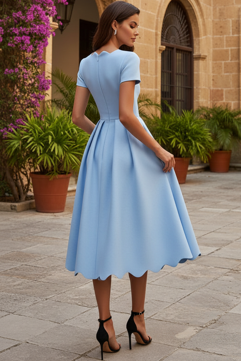 Scalloped Sweetheart A-Line Midi Dress with Pockets