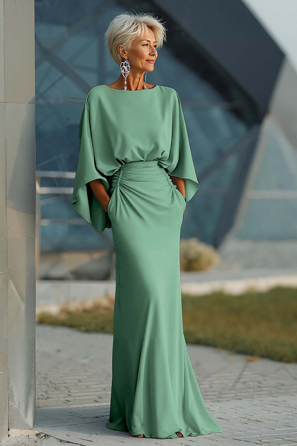 Elegant Ruched Evening Gown with Cape Sleeves