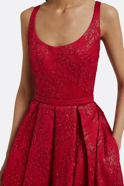 Scoop Neck Pleated Jacquard Midi Dress