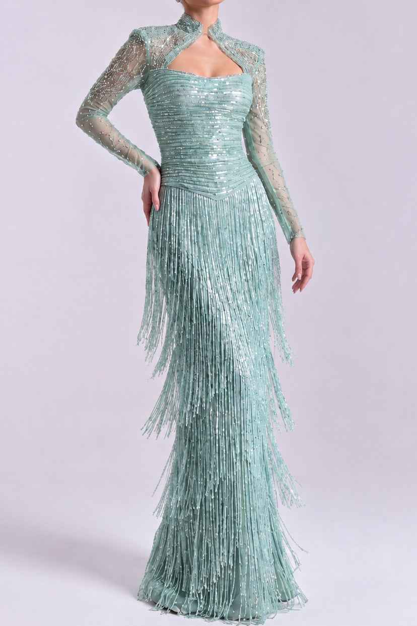 Beaded Fringe Long Sleeve Evening Gown